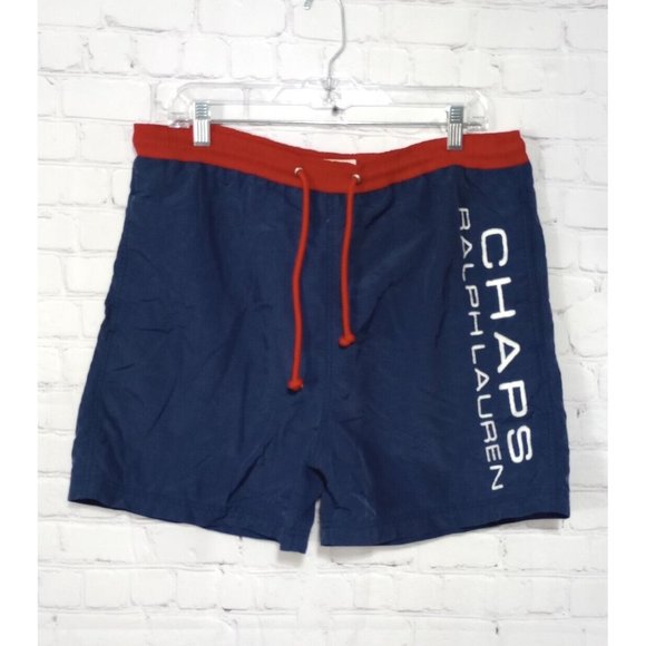 Ralph Lauren Chaps Spell Out Swim Trunks Lined Men's Medium Red White Blue 90's - Picture 1 of 8